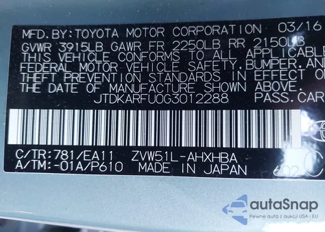 2016 Toyota Prius Three Touring from USA, damaged, VIN JTDKARFU0G3012288